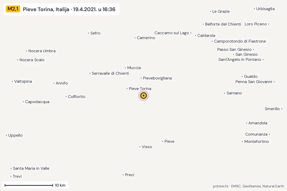 Karta: okolica epicentra, 60 km, potres M2,1, Pieve Torina, Italija, 19.4.2021.