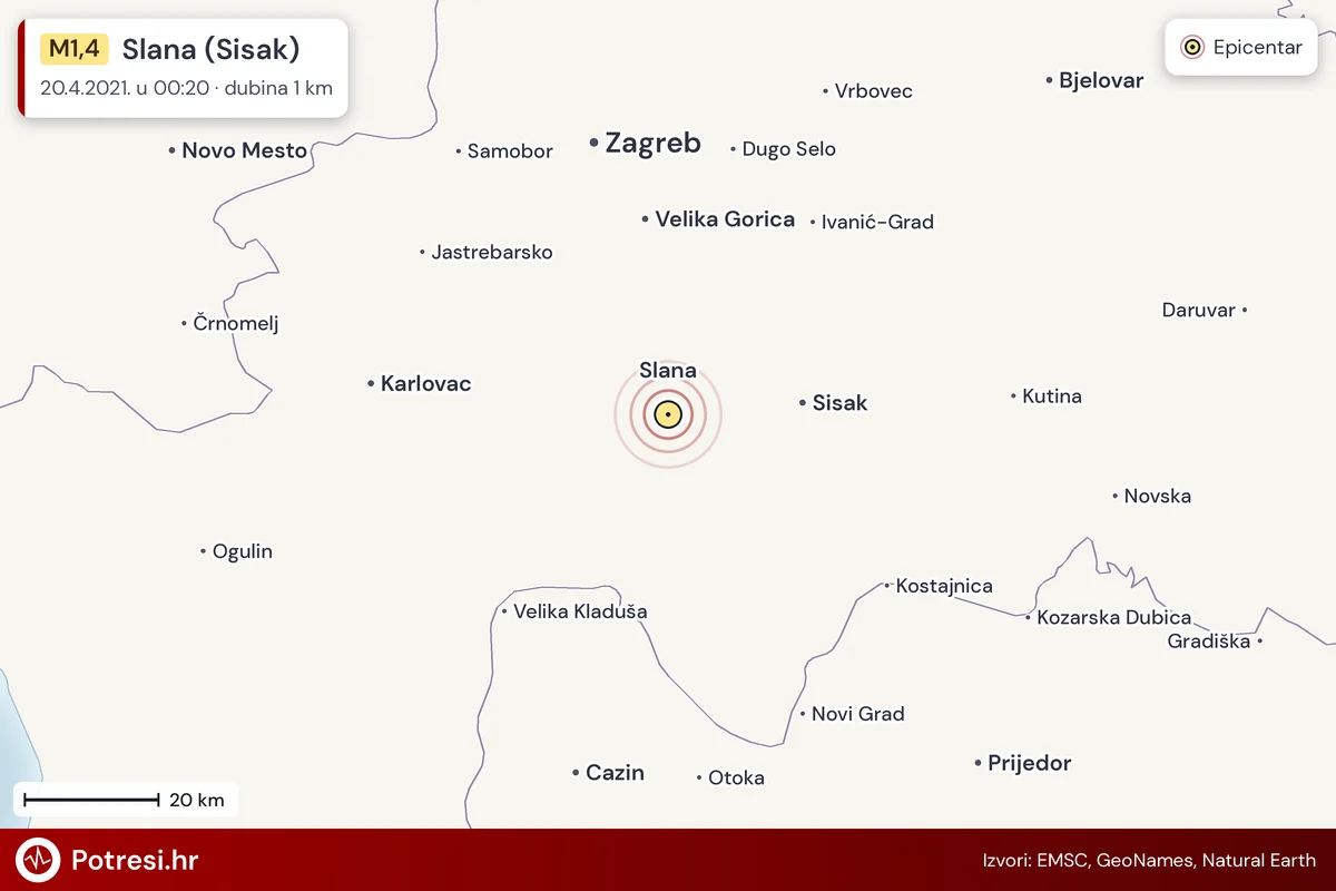 Karta: šire područje i vjerojatni doseg osjeta, potres M1,4, Slana (Sisak), 20.4.2021.