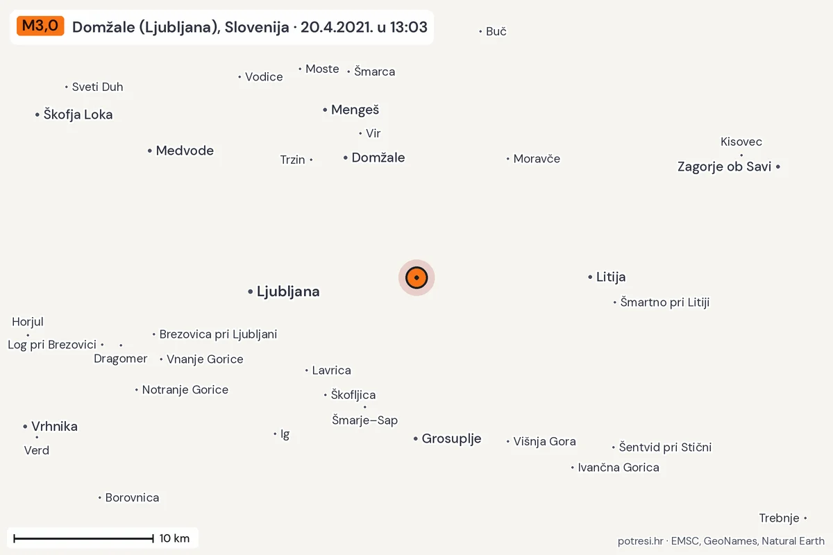Karta: okolica epicentra, 60 km, potres M3,0, Domžale (Ljubljana), Slovenija, 20.4.2021.