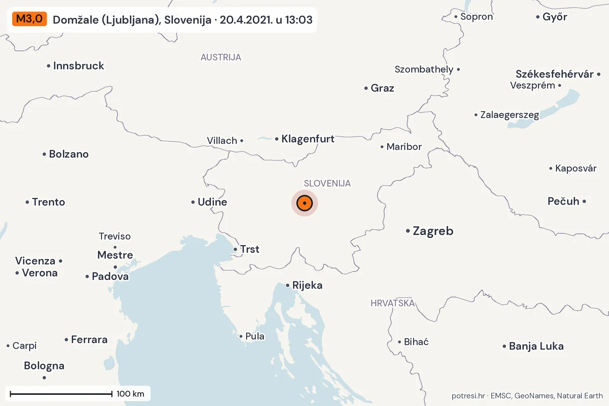Karta: šire područje, 600 km, potres M3,0, Domžale (Ljubljana), Slovenija, 20.4.2021.