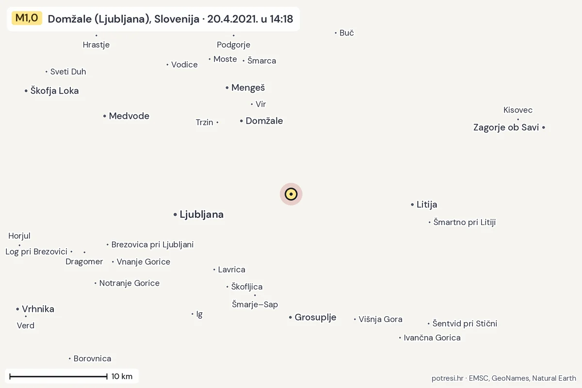 Karta: okolica epicentra, 60 km, potres M1,0, Domžale (Ljubljana), Slovenija, 20.4.2021.