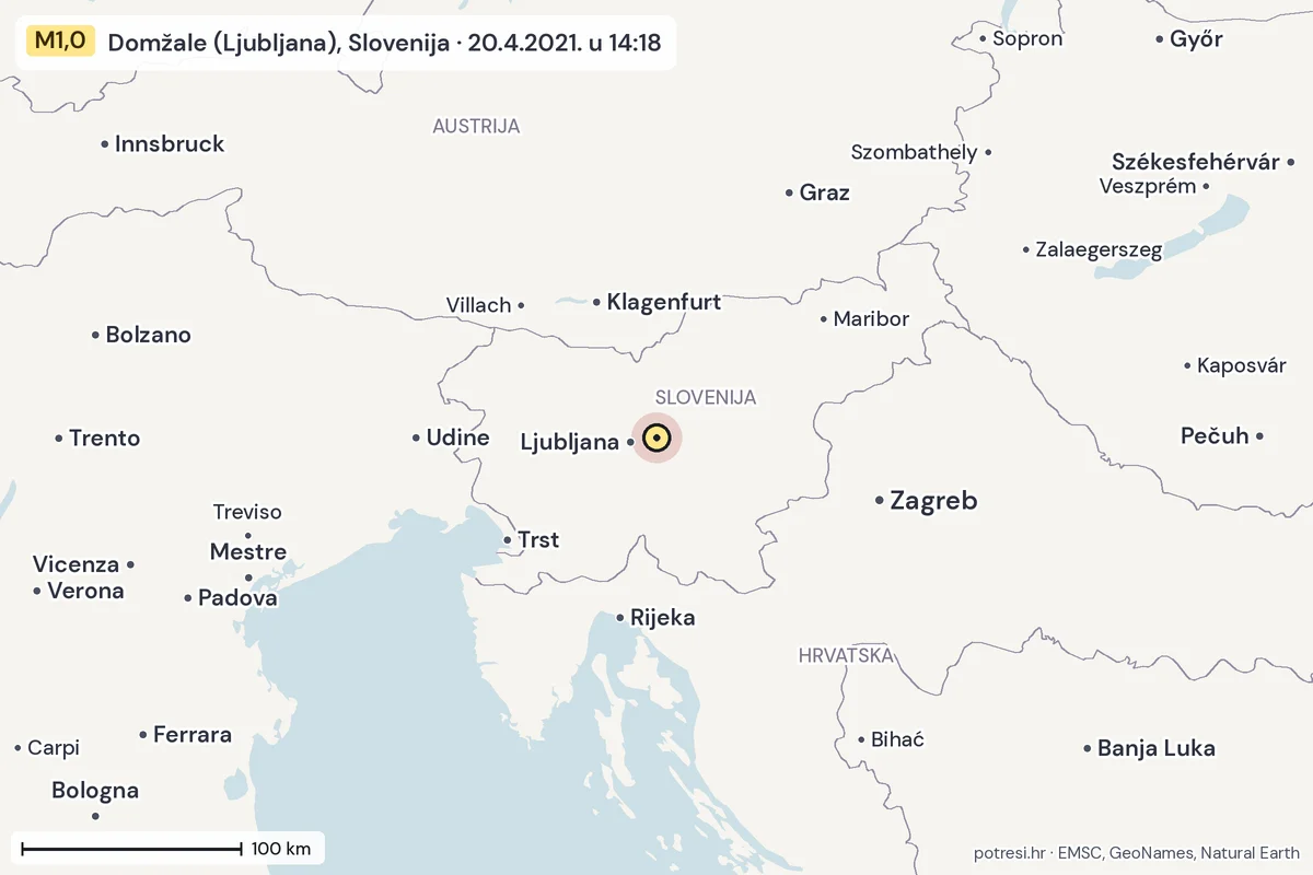 Karta: šire područje, 600 km, potres M1,0, Domžale (Ljubljana), Slovenija, 20.4.2021.