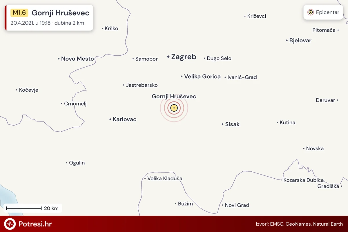 Karta: šire područje i vjerojatni doseg osjeta, potres M1,6, Gornji Hruševec, 20.4.2021.