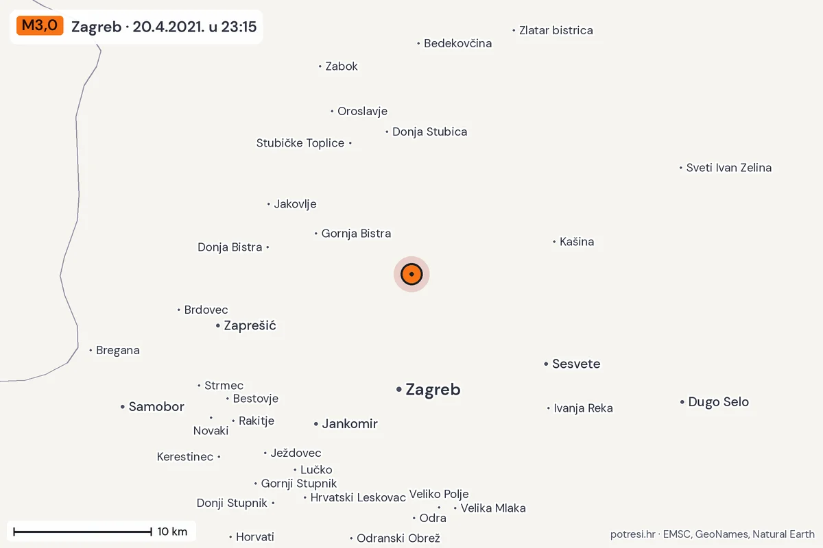 Karta: okolica epicentra, 60 km, potres M3,0, Zagreb, 20.4.2021.