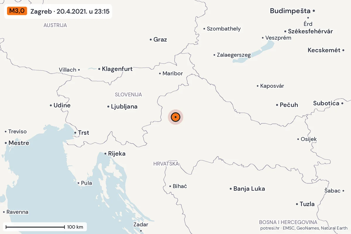 Karta: šire područje, 600 km, potres M3,0, Zagreb, 20.4.2021.