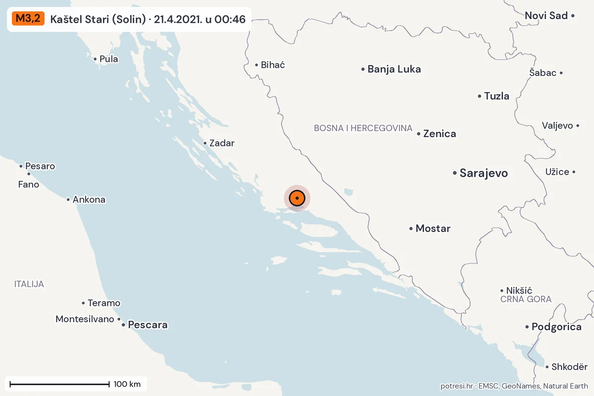 Karta: šire područje, 600 km, potres M3,2, Kaštel Stari (Solin), 21.4.2021.
