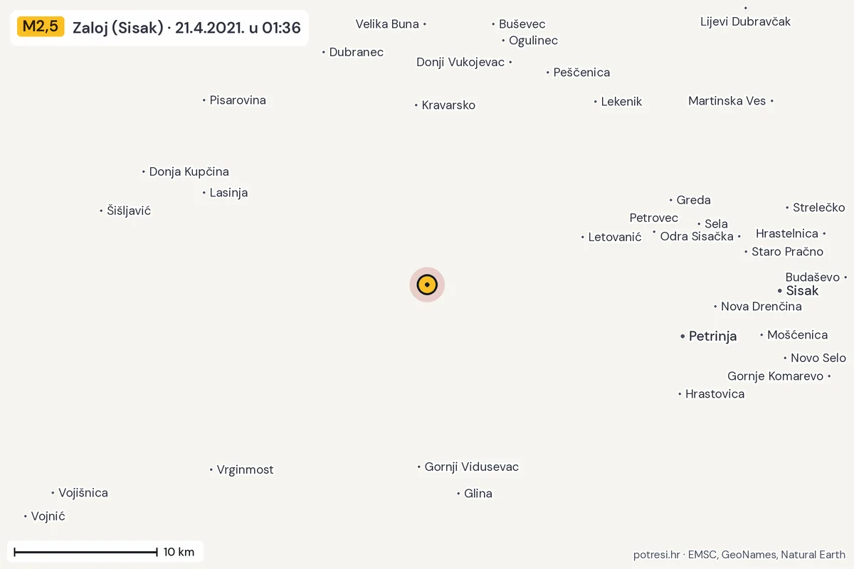 Karta: okolica epicentra, 60 km, potres M2,5, Zaloj (Sisak), 21.4.2021.