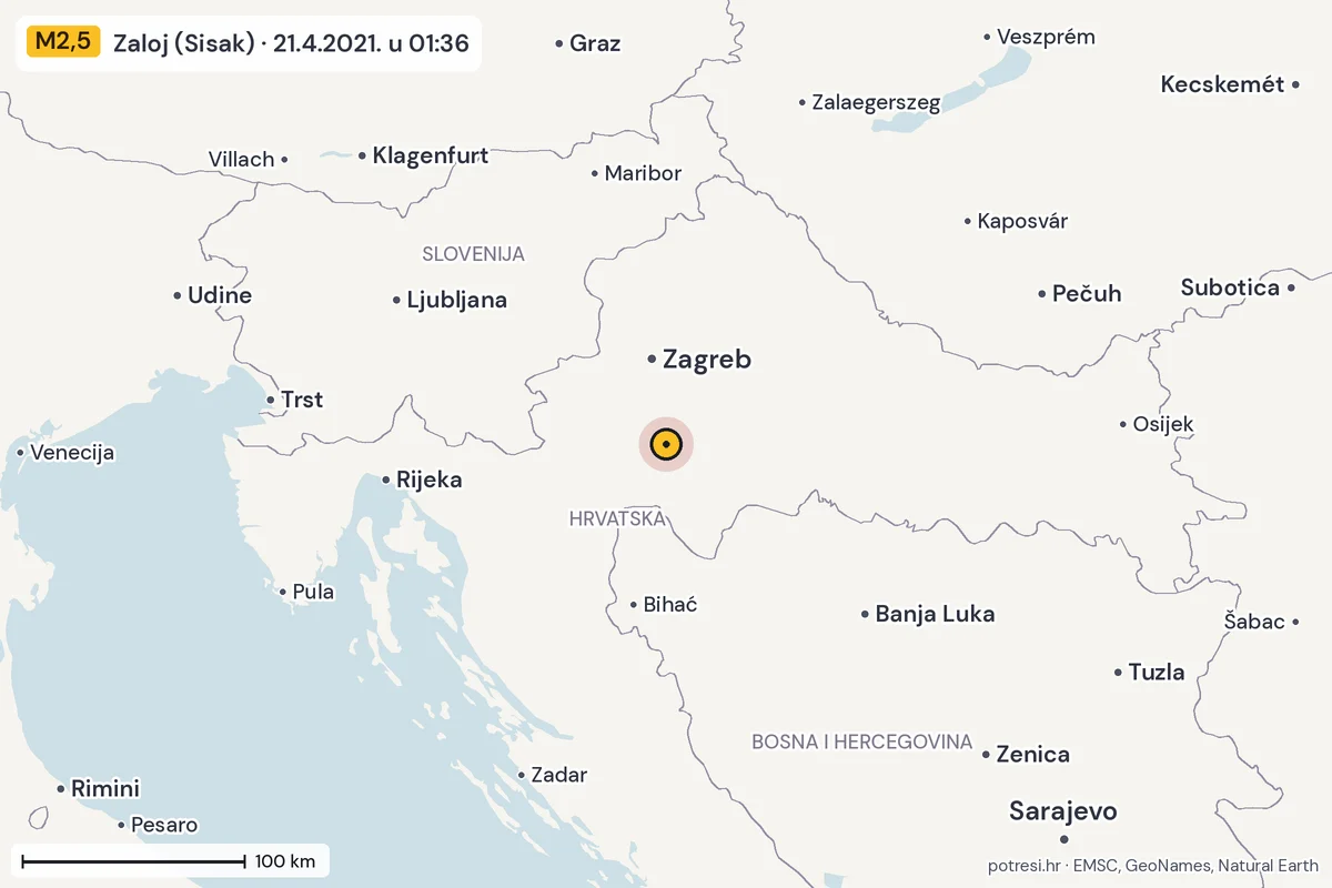 Karta: šire područje, 600 km, potres M2,5, Zaloj (Sisak), 21.4.2021.