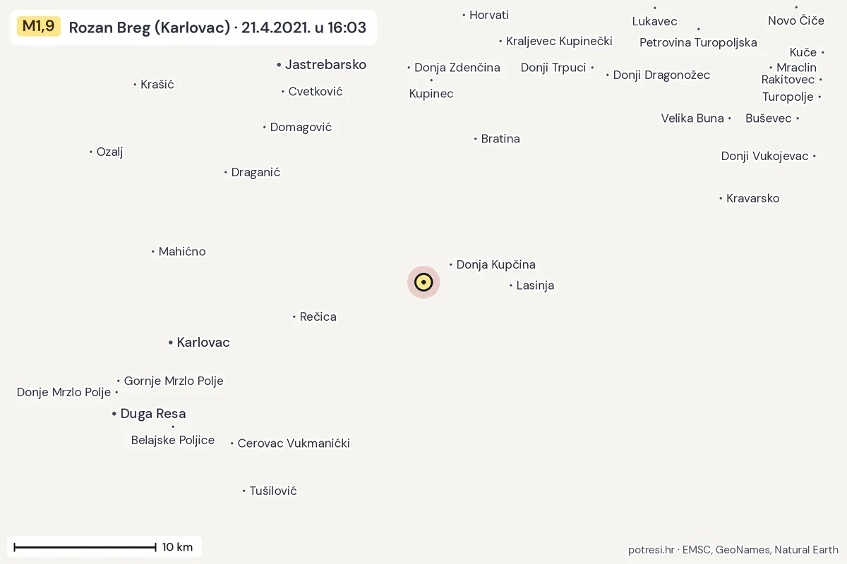 Karta: okolica epicentra, 60 km, potres M1,9, Rozan Breg (Karlovac), 21.4.2021.