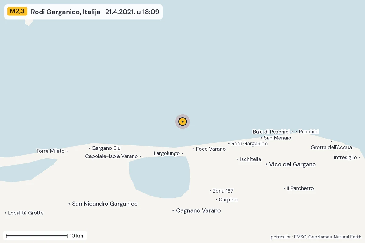 Karta: okolica epicentra, 60 km, potres M2,3, Rodi Garganico, Italija, 21.4.2021.