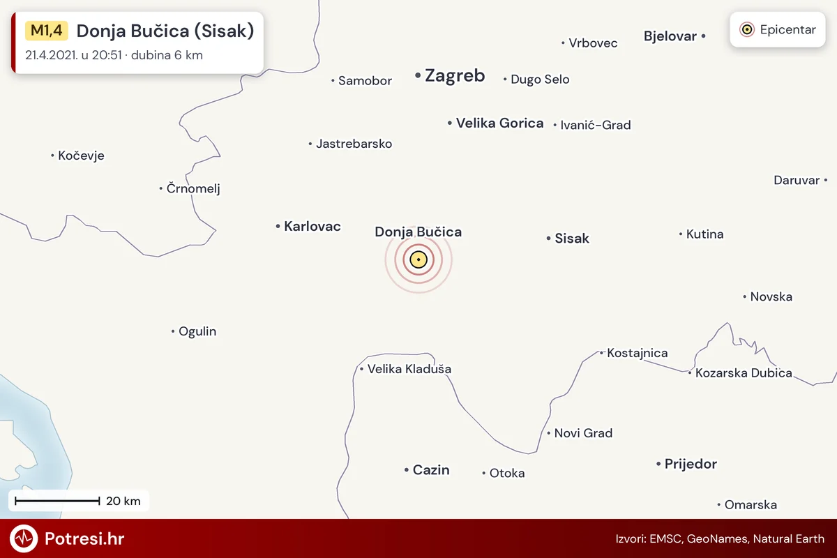 Karta: šire područje i vjerojatni doseg osjeta, potres M1,4, Donja Bučica (Sisak), 21.4.2021.