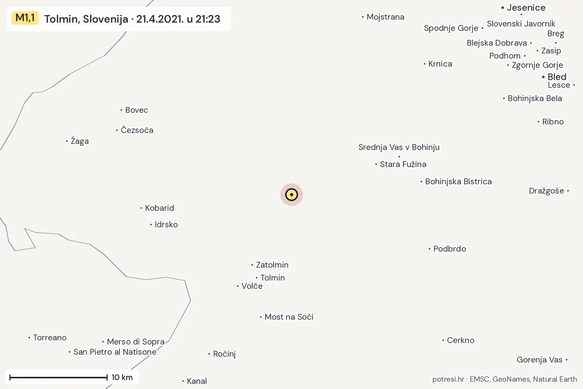 Karta: okolica epicentra, 60 km, potres M1,1, Tolmin, Slovenija, 21.4.2021.