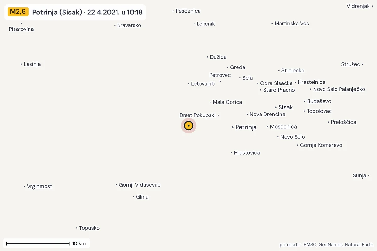 Karta: okolica epicentra, 60 km, potres M2,6, Petrinja (Sisak), 22.4.2021.