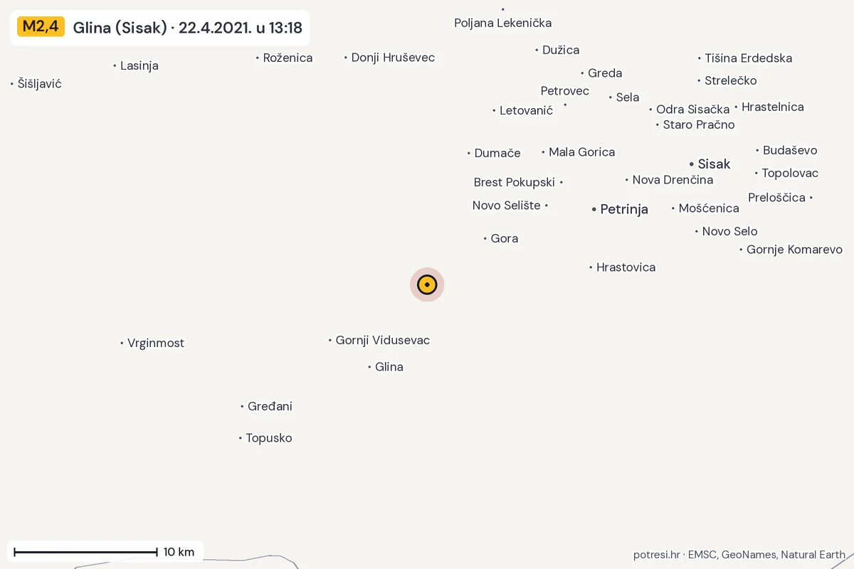 Karta: okolica epicentra, 60 km, potres M2,4, Glina (Sisak), 22.4.2021.