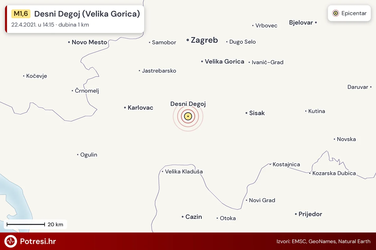 Karta: šire područje i vjerojatni doseg osjeta, potres M1,6, Desni Degoj (Velika Gorica), 22.4.2021.