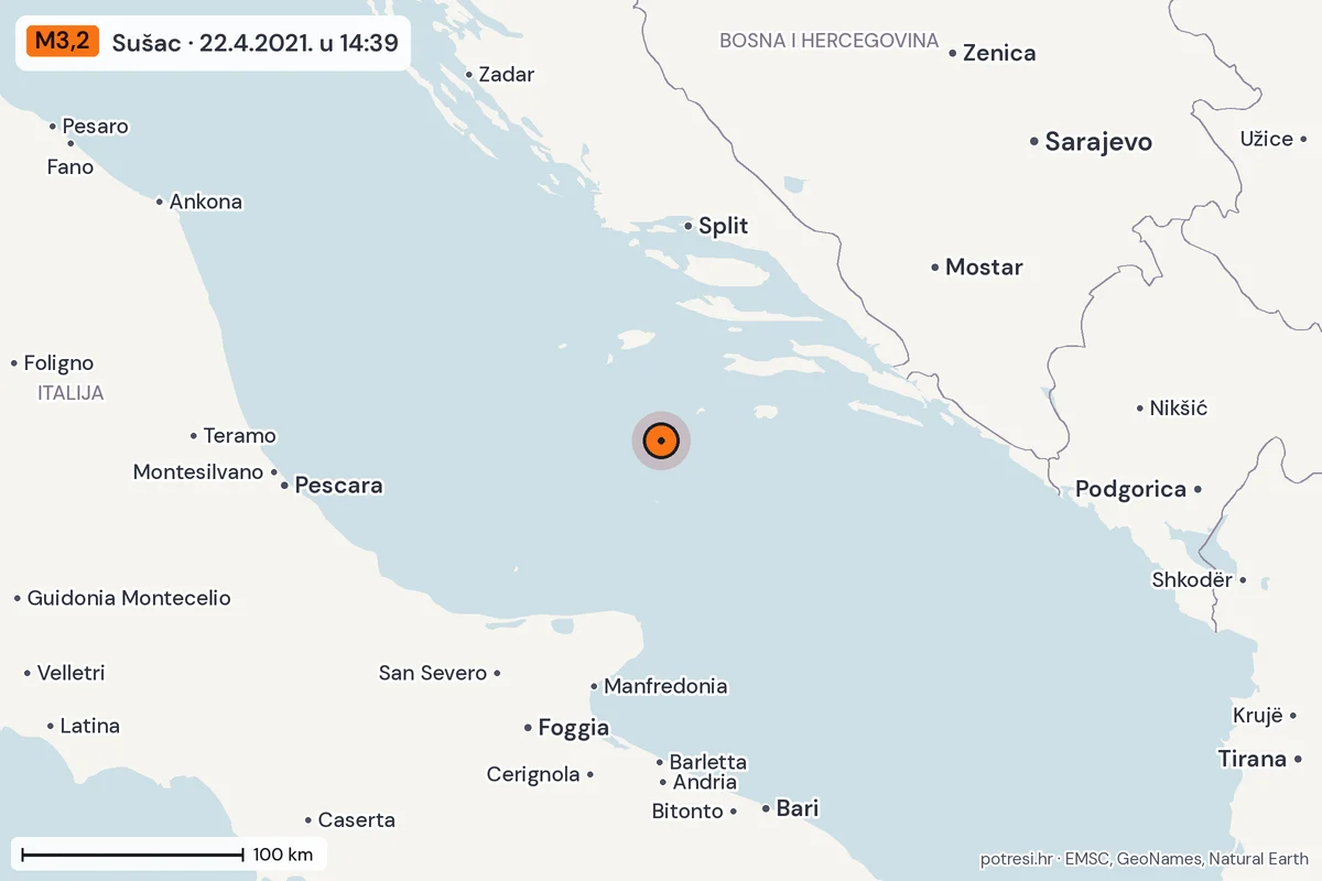 Karta: šire područje, 600 km, potres M3,2, Sušac, 22.4.2021.