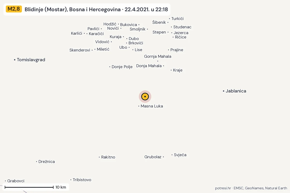 Karta: okolica epicentra, 60 km, potres M2,8, Blidinje (Mostar), Bosna i Hercegovina, 22.4.2021.