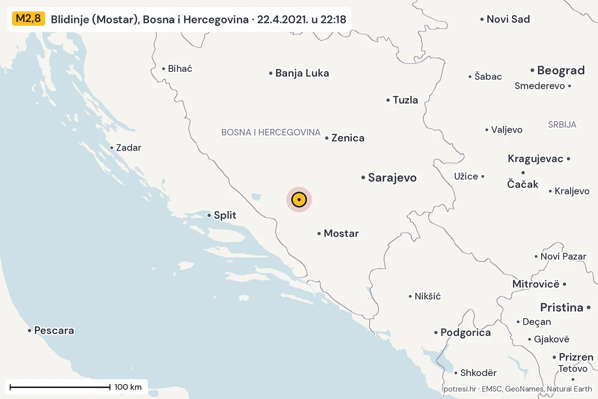 Karta: šire područje, 600 km, potres M2,8, Blidinje (Mostar), Bosna i Hercegovina, 22.4.2021.