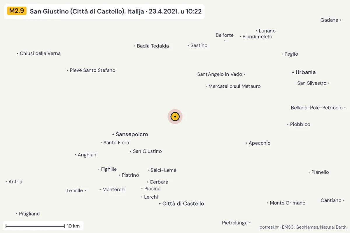 Karta: okolica epicentra, 60 km, potres M2,9, San Giustino (Città di Castello), Italija, 23.4.2021.