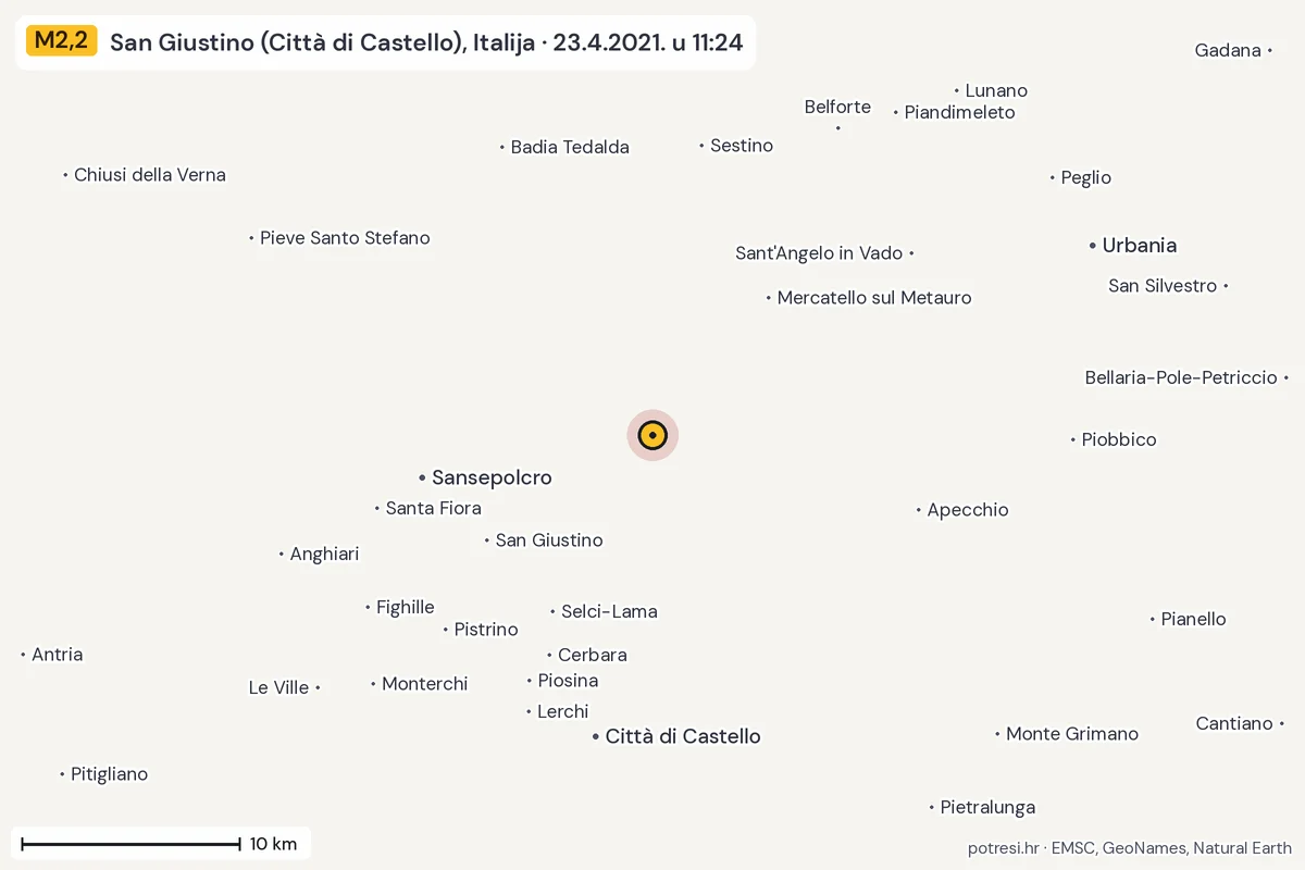 Karta: okolica epicentra, 60 km, potres M2,2, San Giustino (Città di Castello), Italija, 23.4.2021.