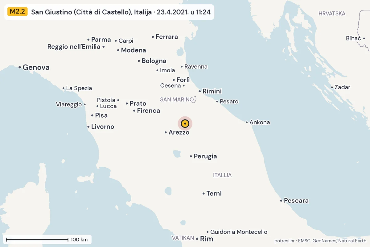 Karta: šire područje, 600 km, potres M2,2, San Giustino (Città di Castello), Italija, 23.4.2021.