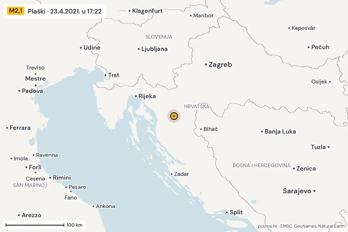 Karta: šire područje, 600 km, potres M2,1, Plaški, 23.4.2021.