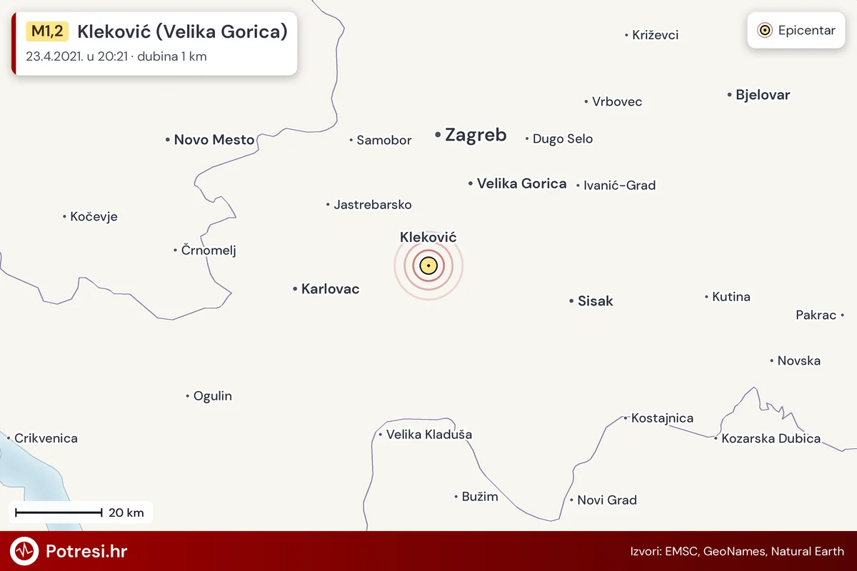 Karta: šire područje i vjerojatni doseg osjeta, potres M1,2, Kleković (Velika Gorica), 23.4.2021.