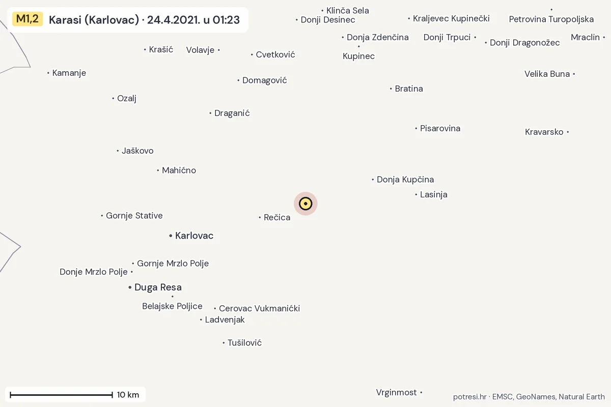 Karta: okolica epicentra, 60 km, potres M1,2, Karasi (Karlovac), 24.4.2021.