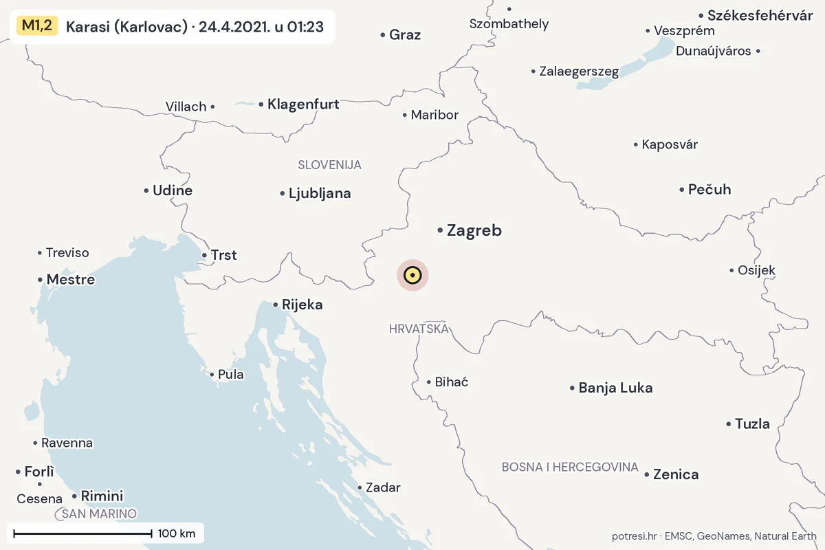 Karta: šire područje, 600 km, potres M1,2, Karasi (Karlovac), 24.4.2021.