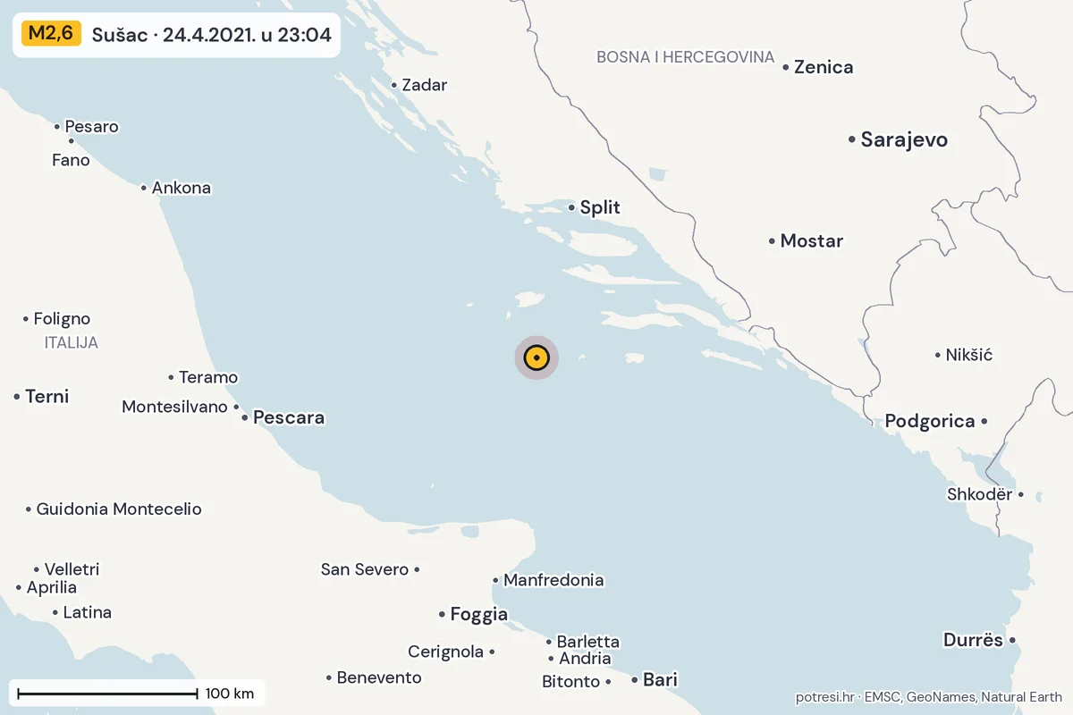 Karta: šire područje, 600 km, potres M2,6, Sušac, 24.4.2021.