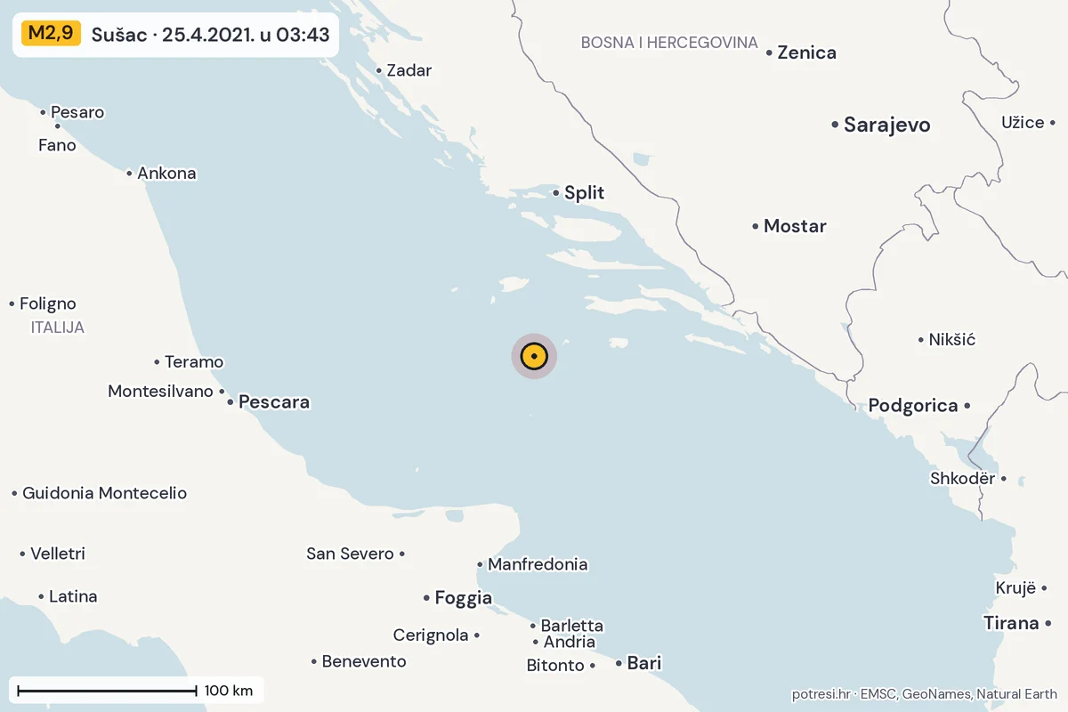 Karta: šire područje, 600 km, potres M2,9, Sušac, 25.4.2021.