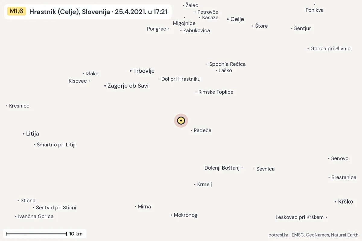 Karta: okolica epicentra, 60 km, potres M1,6, Hrastnik (Celje), Slovenija, 25.4.2021.