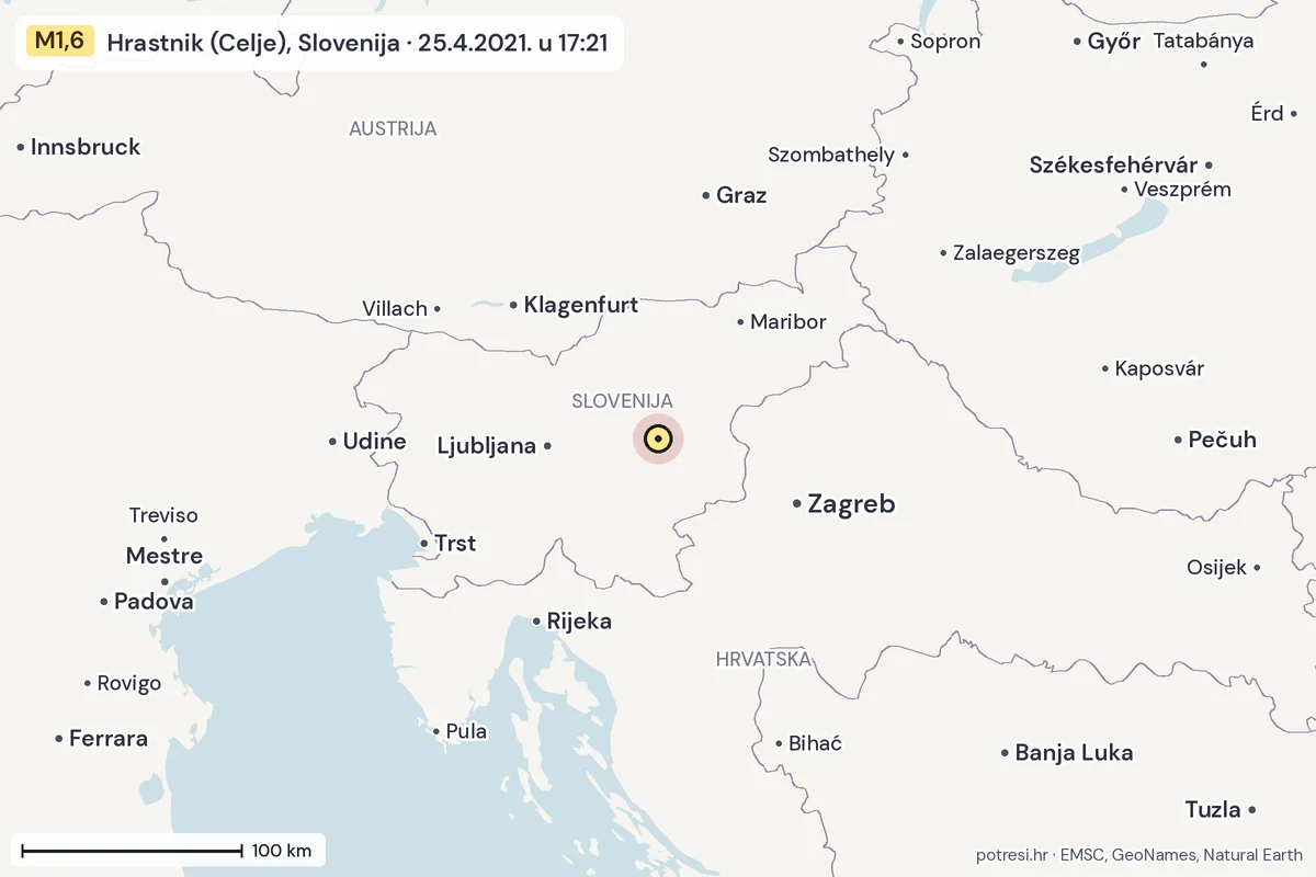 Karta: šire područje, 600 km, potres M1,6, Hrastnik (Celje), Slovenija, 25.4.2021.