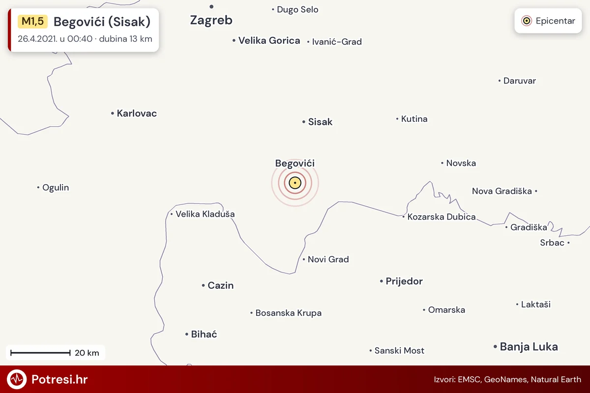 Karta: šire područje i vjerojatni doseg osjeta, potres M1,5, Begovići (Sisak), 26.4.2021.