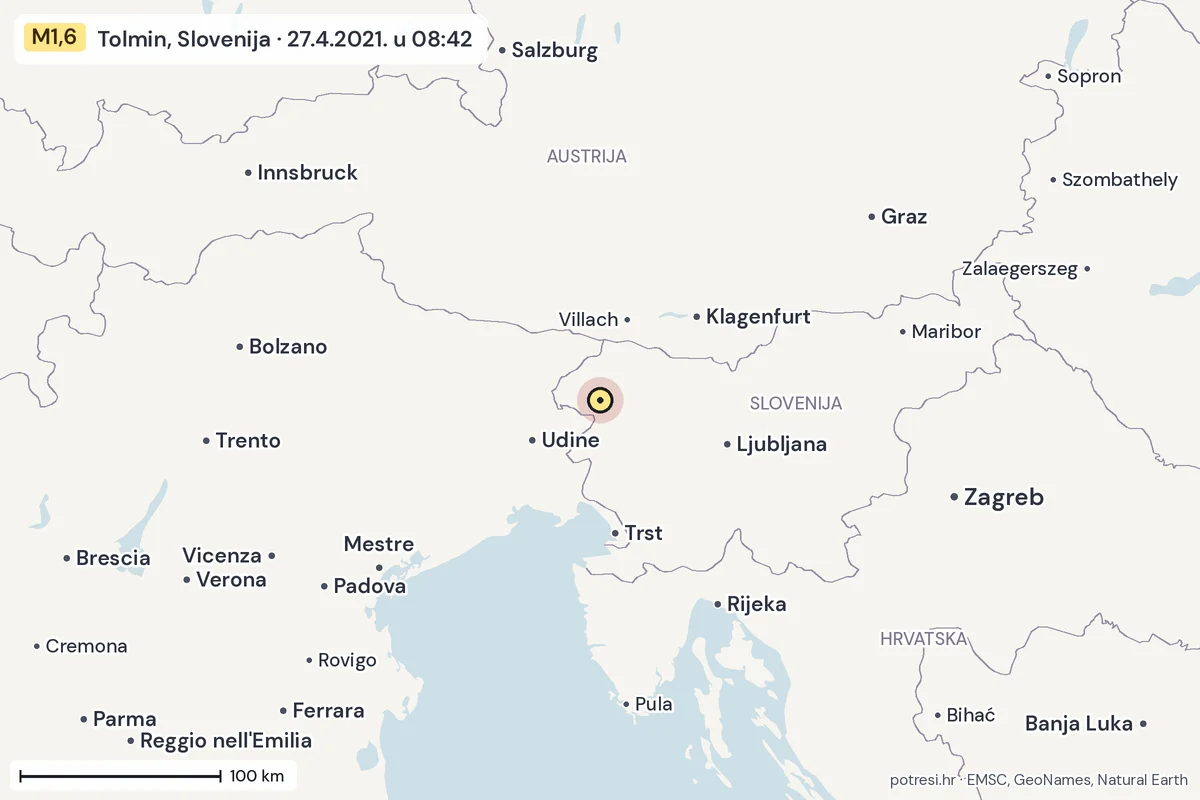 Karta: šire područje, 600 km, potres M1,6, Tolmin, Slovenija, 27.4.2021.