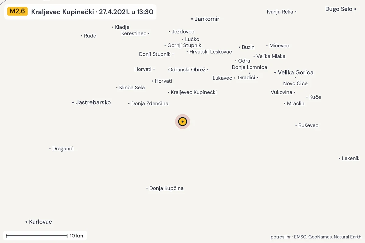 Karta: okolica epicentra, 60 km, potres M2,6, Kraljevec Kupinečki, 27.4.2021.
