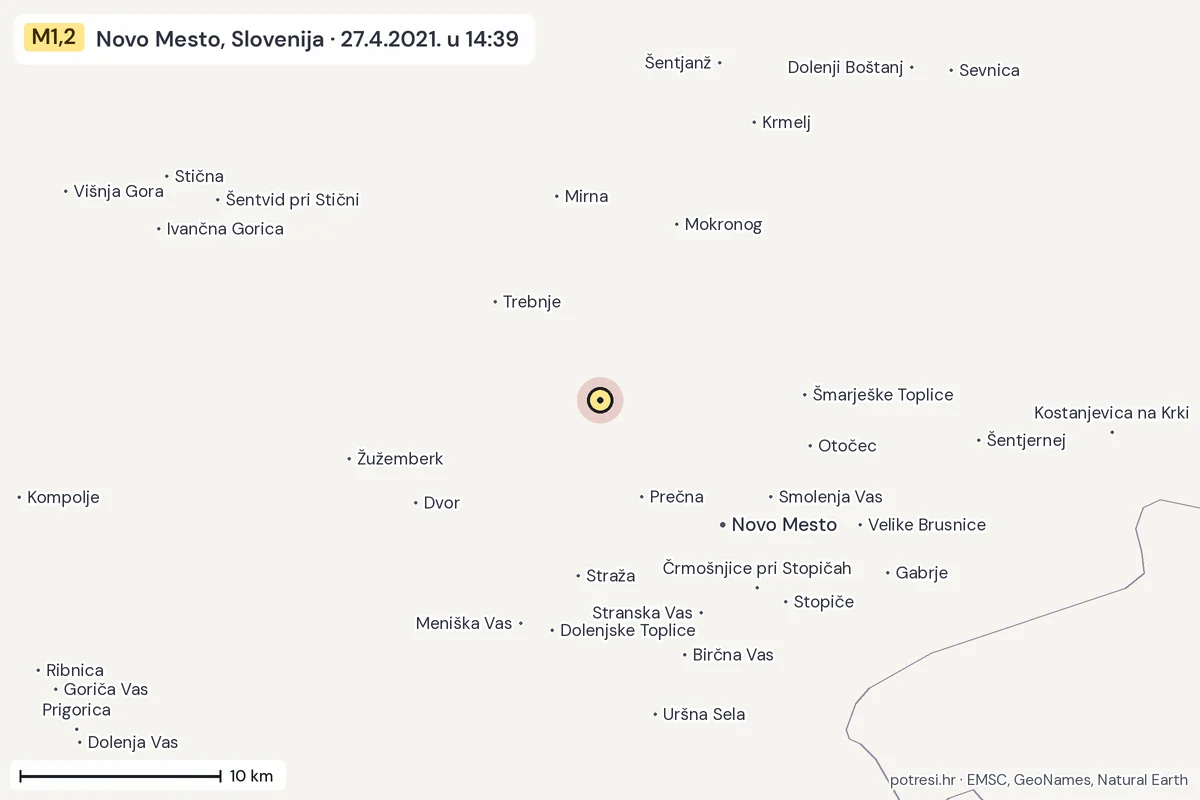 Karta: okolica epicentra, 60 km, potres M1,2, Novo Mesto, Slovenija, 27.4.2021.