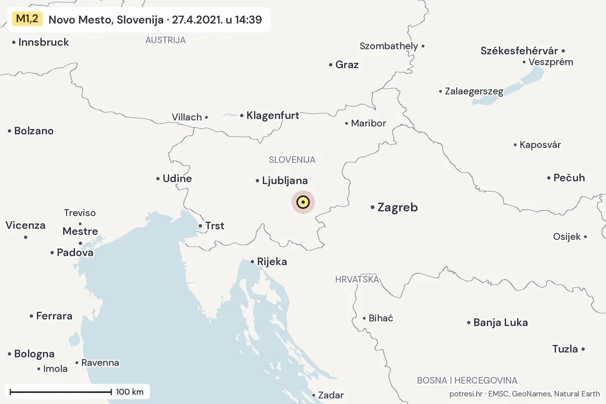 Karta: šire područje, 600 km, potres M1,2, Novo Mesto, Slovenija, 27.4.2021.