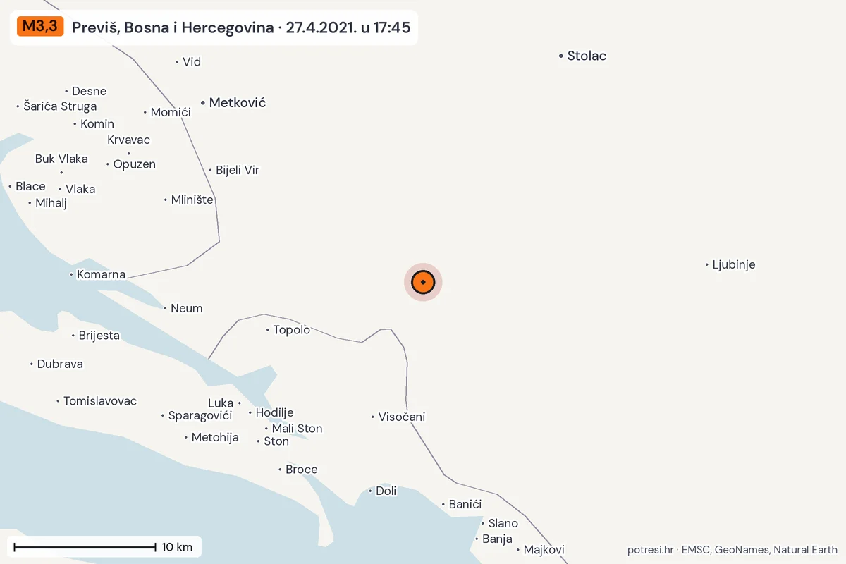 Karta: okolica epicentra, 60 km, potres M3,3, Previš, Bosna i Hercegovina, 27.4.2021.