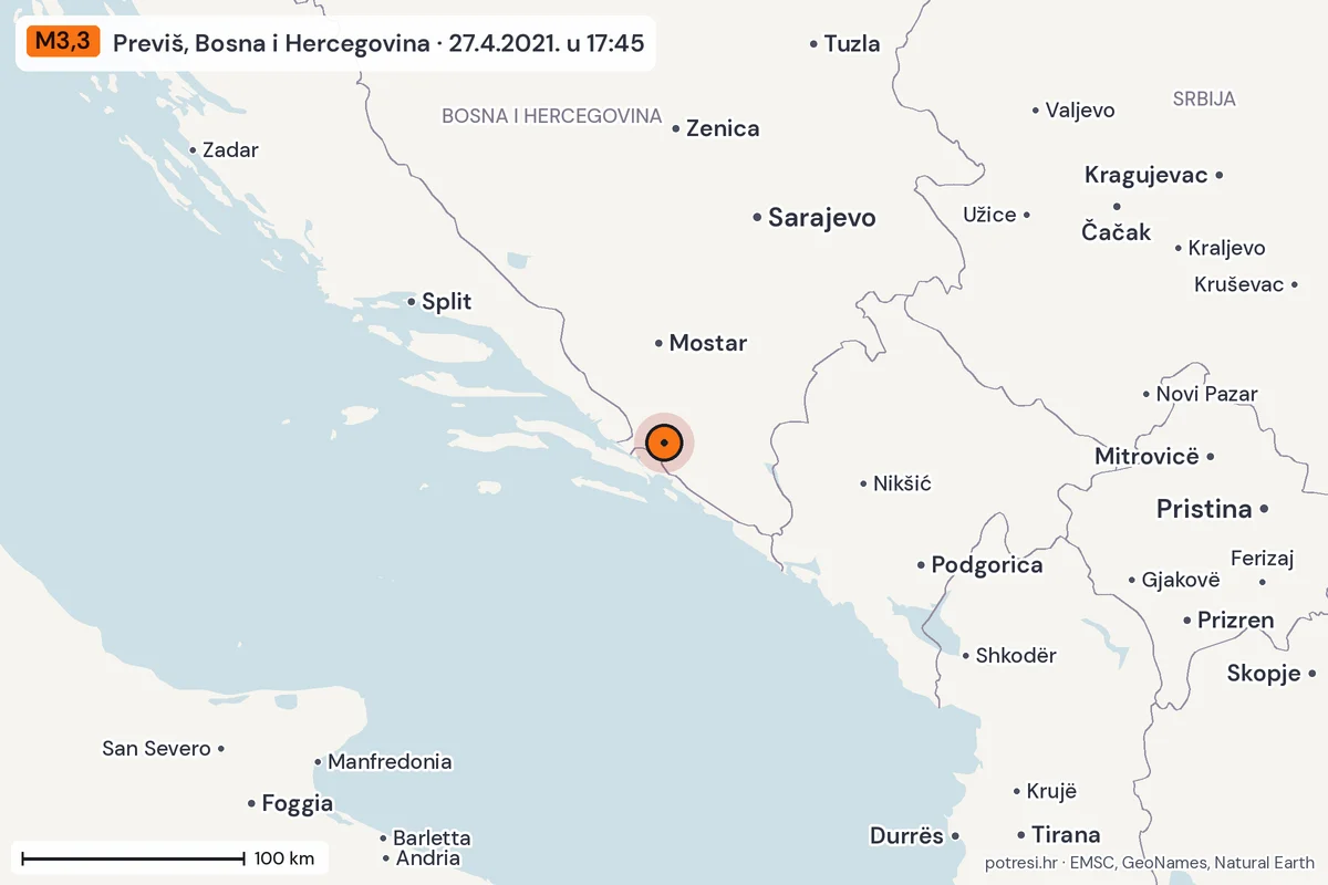 Karta: šire područje, 600 km, potres M3,3, Previš, Bosna i Hercegovina, 27.4.2021.