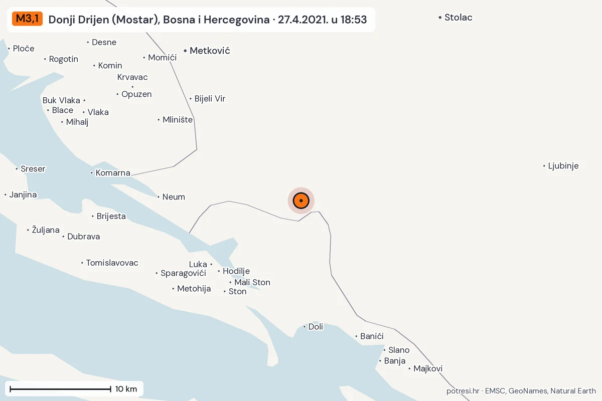 Karta: okolica epicentra, 60 km, potres M3,1, Donji Drijen (Mostar), Bosna i Hercegovina, 27.4.2021.
