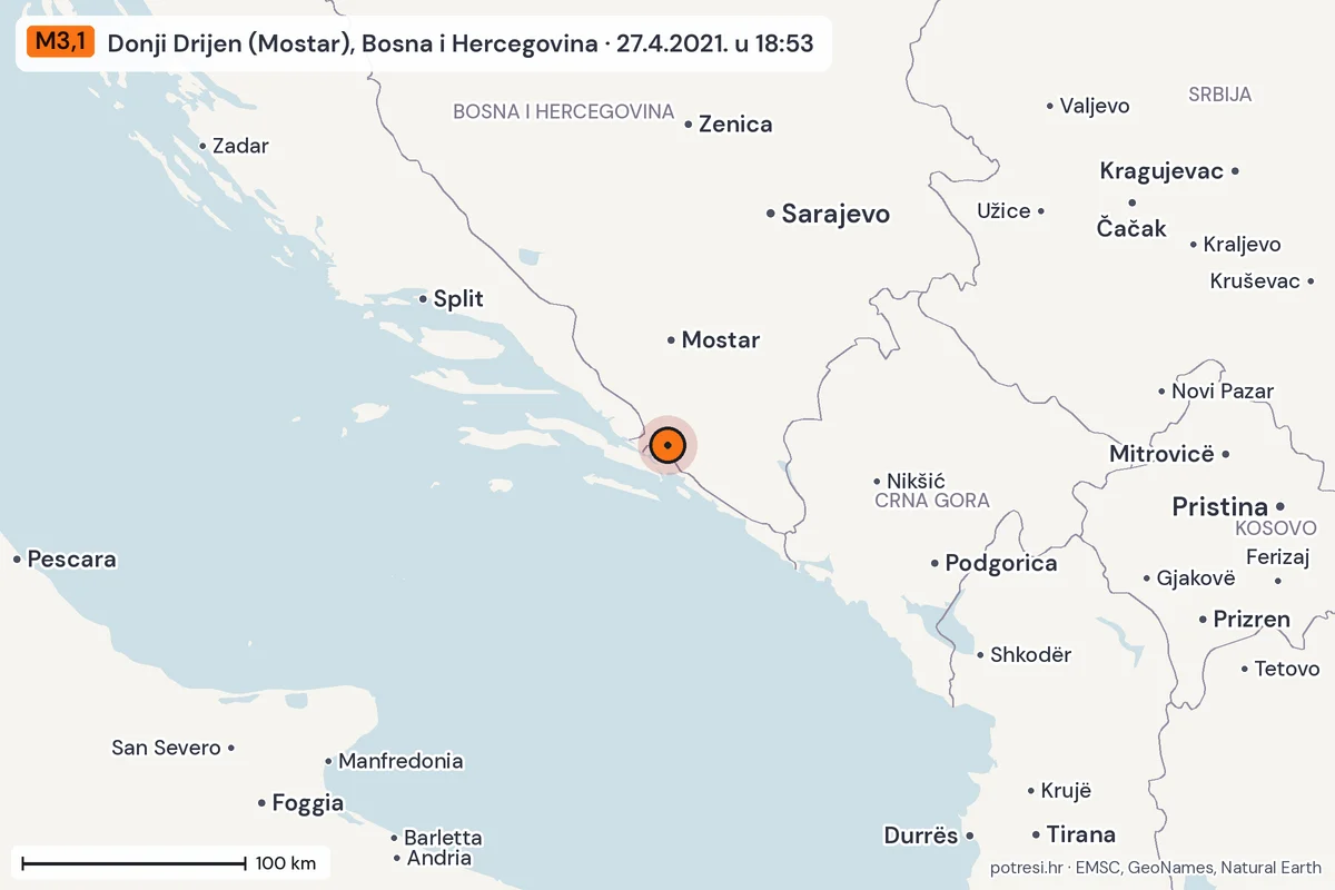 Karta: šire područje, 600 km, potres M3,1, Donji Drijen (Mostar), Bosna i Hercegovina, 27.4.2021.
