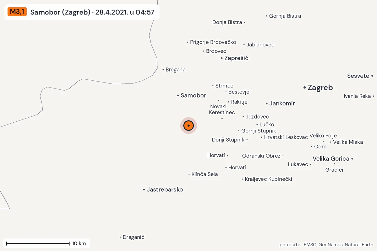 Karta: okolica epicentra, 60 km, potres M3,1, Samobor (Zagreb), 28.4.2021.