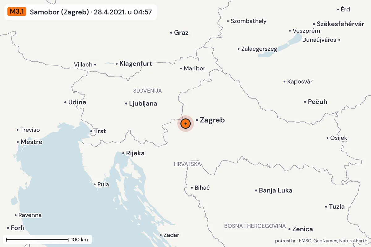 Karta: šire područje, 600 km, potres M3,1, Samobor (Zagreb), 28.4.2021.