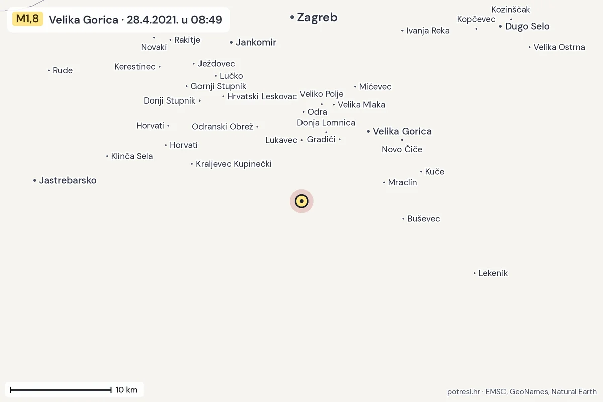 Karta: okolica epicentra, 60 km, potres M1,8, Velika Gorica, 28.4.2021.