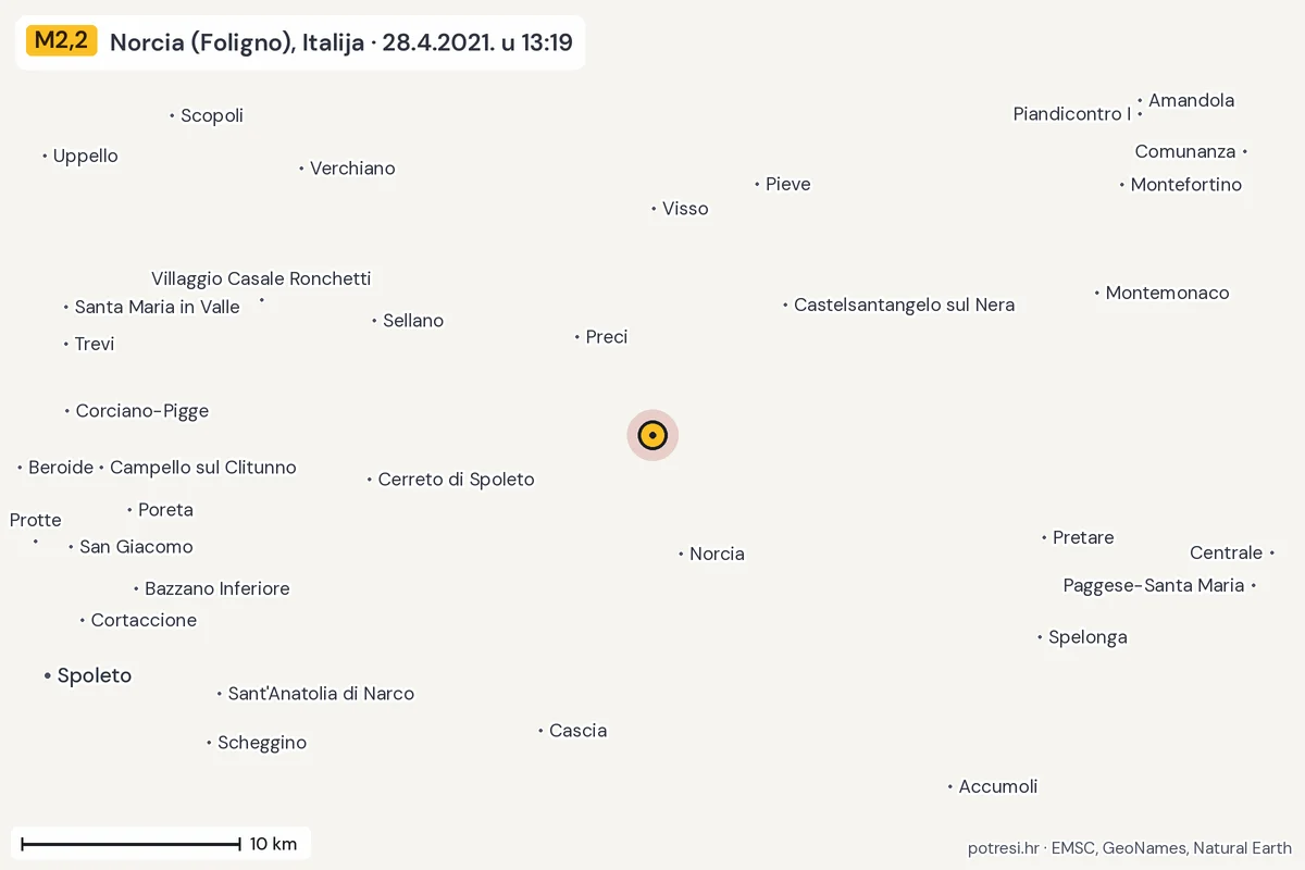Karta: okolica epicentra, 60 km, potres M2,2, Norcia (Foligno), Italija, 28.4.2021.