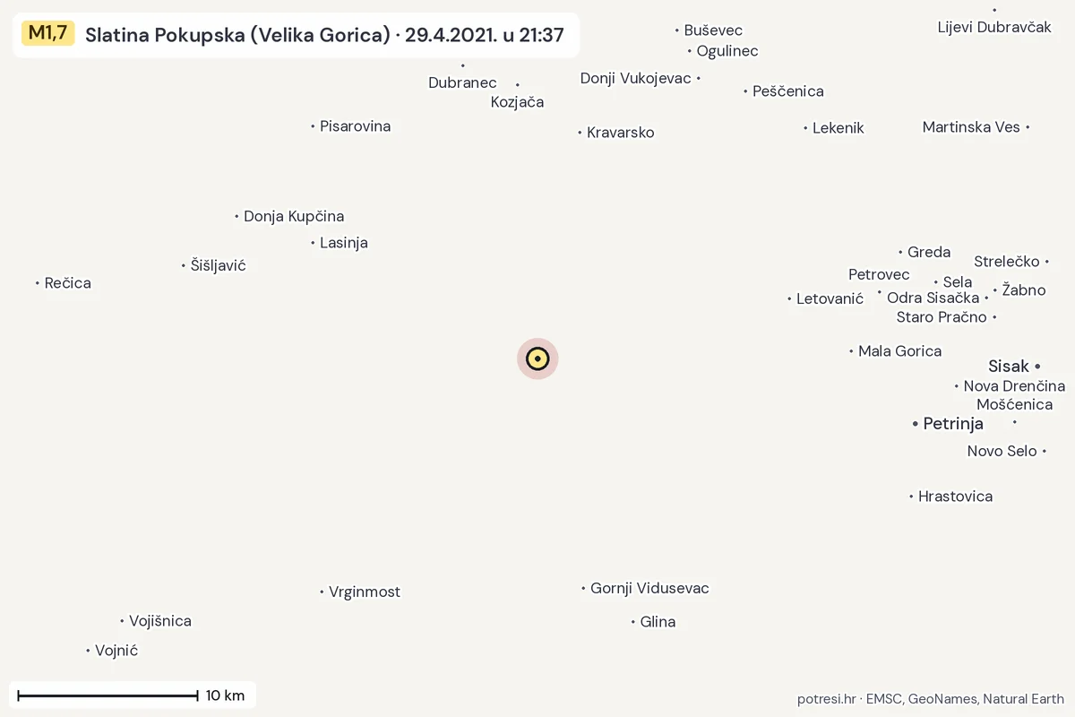 Karta: okolica epicentra, 60 km, potres M1,7, Slatina Pokupska (Velika Gorica), 29.4.2021.