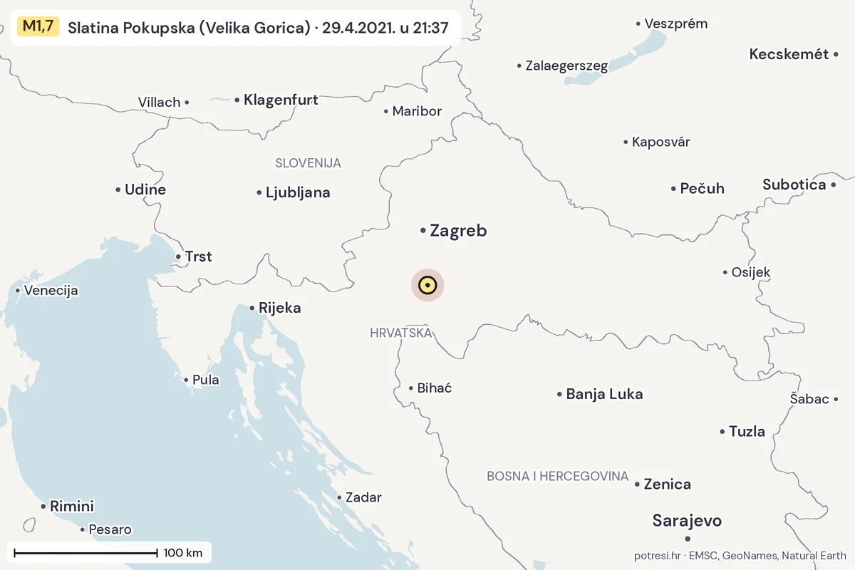 Karta: šire područje, 600 km, potres M1,7, Slatina Pokupska (Velika Gorica), 29.4.2021.