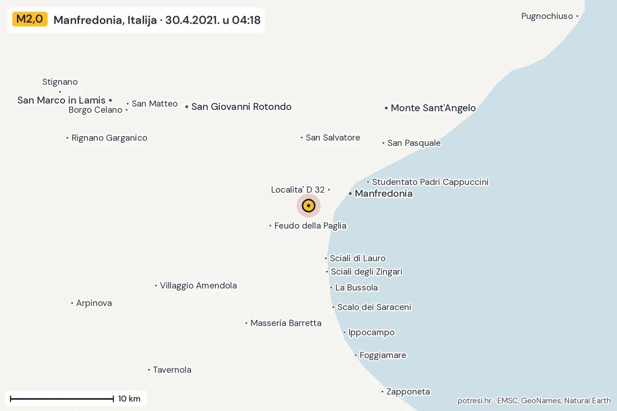 Karta: okolica epicentra, 60 km, potres M2,0, Manfredonia, Italija, 30.4.2021.