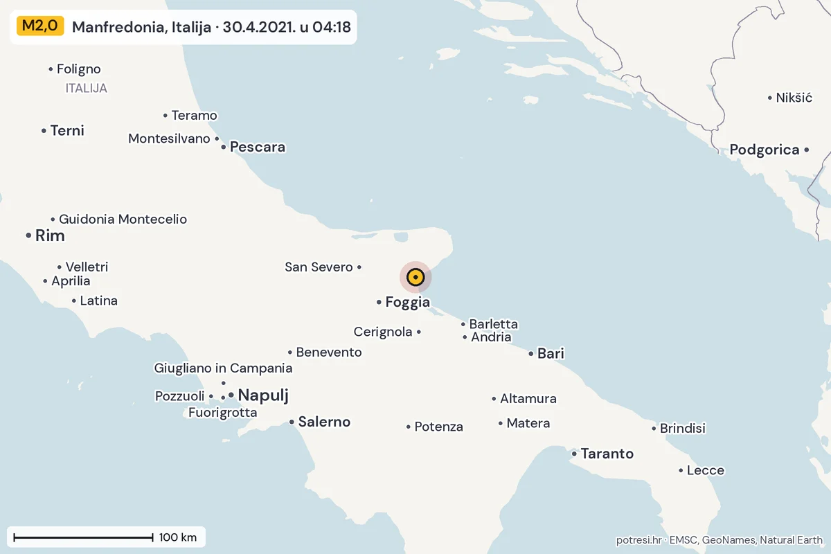 Karta: šire područje, 600 km, potres M2,0, Manfredonia, Italija, 30.4.2021.